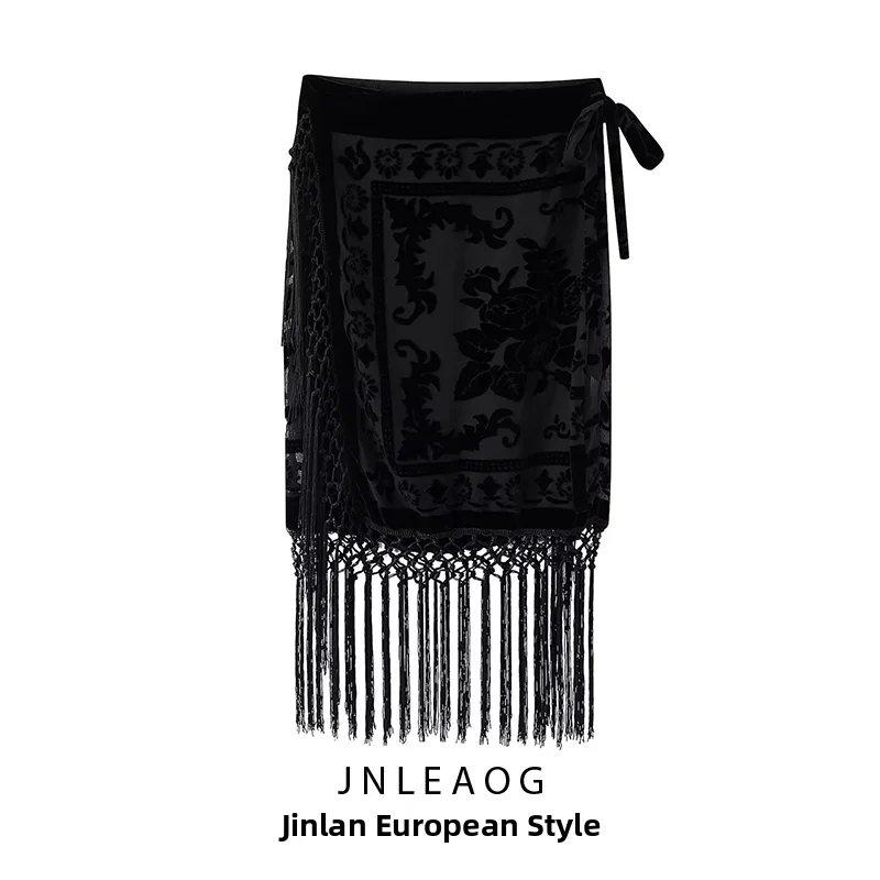 JNLEAOG Summer New Women's Black Velvet Midi Skirt with Tassel Decoration Hidden Pattern Holiday Style Straight Cut Loose Fit