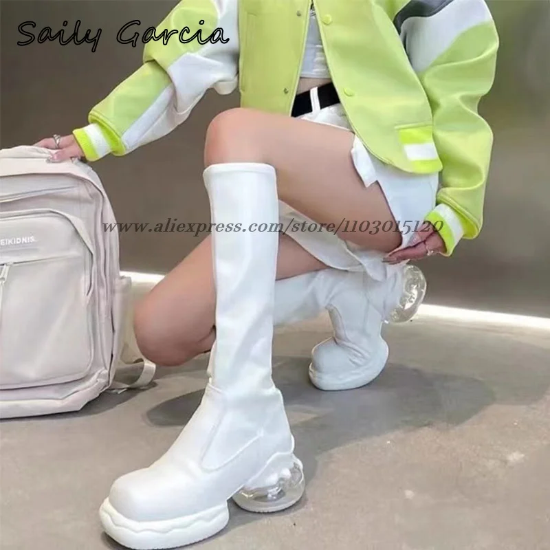 Solid Thick Sole Clear Air Cushion Mid Calf Motorcycle Boots Autumn New Height Increasing Shoes Square Toe Platform Sexy Boots