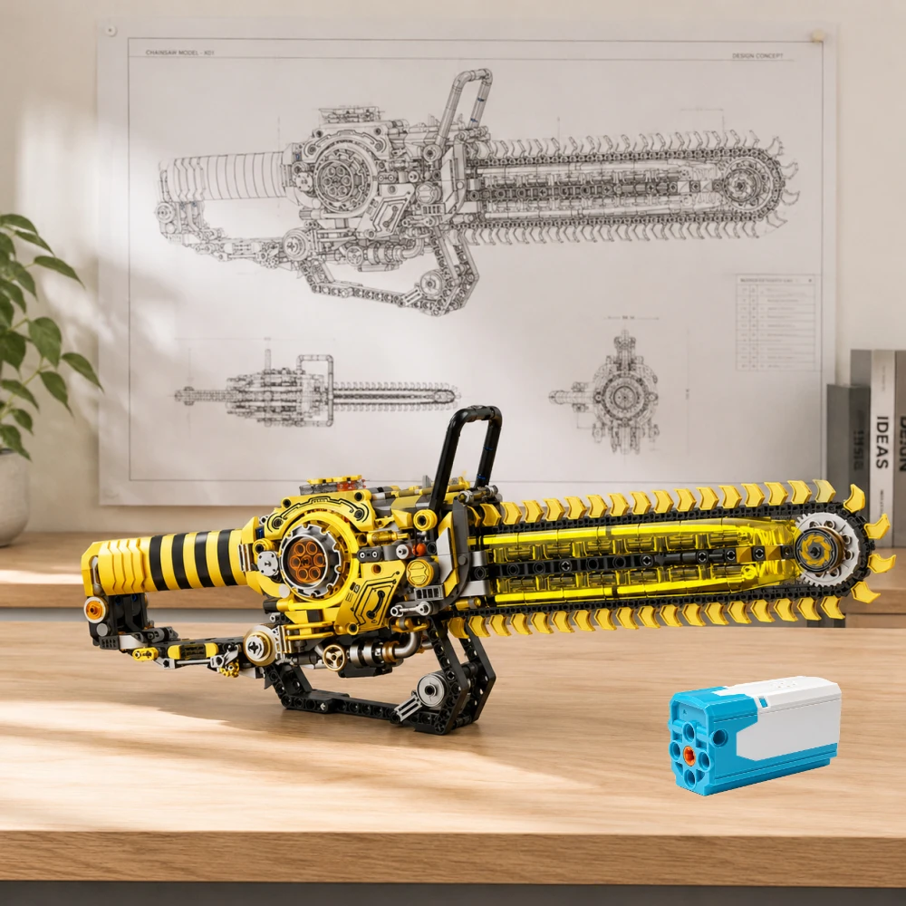MOC Motorisierte Kettensäge-Bausteine, Technisches Elektrisches Lichtmodell-Set, Sicheres Plastik-Modell, Vatertags-Sommergeschenk