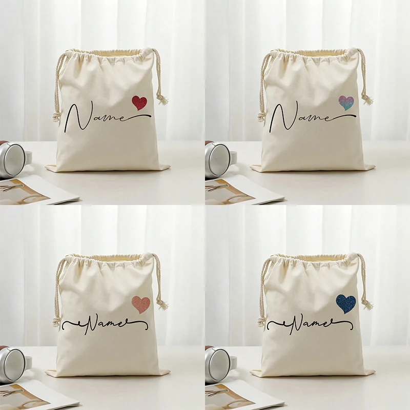 Personalized Hearts Drawstring Bags Custom Logos Cute Minimalist Love Script Storage Gifts Travel Makeup Pouches for Women Girls