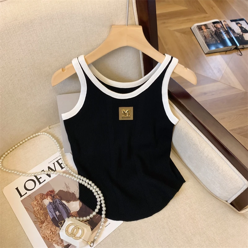 Sexy Slim Knit Sweater Vests For Women Summer Color Blocking Sleeveless O-neck Crop Tops Stylish Chic Sport Vest Knitwear Jumper