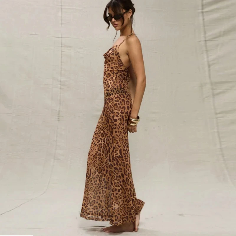 Leopard Print V-Neck Sexy Bodycon Long Dress Women Lace Up Backless Summer Dresses Female Straps Nightclub Party Beach Vestidos