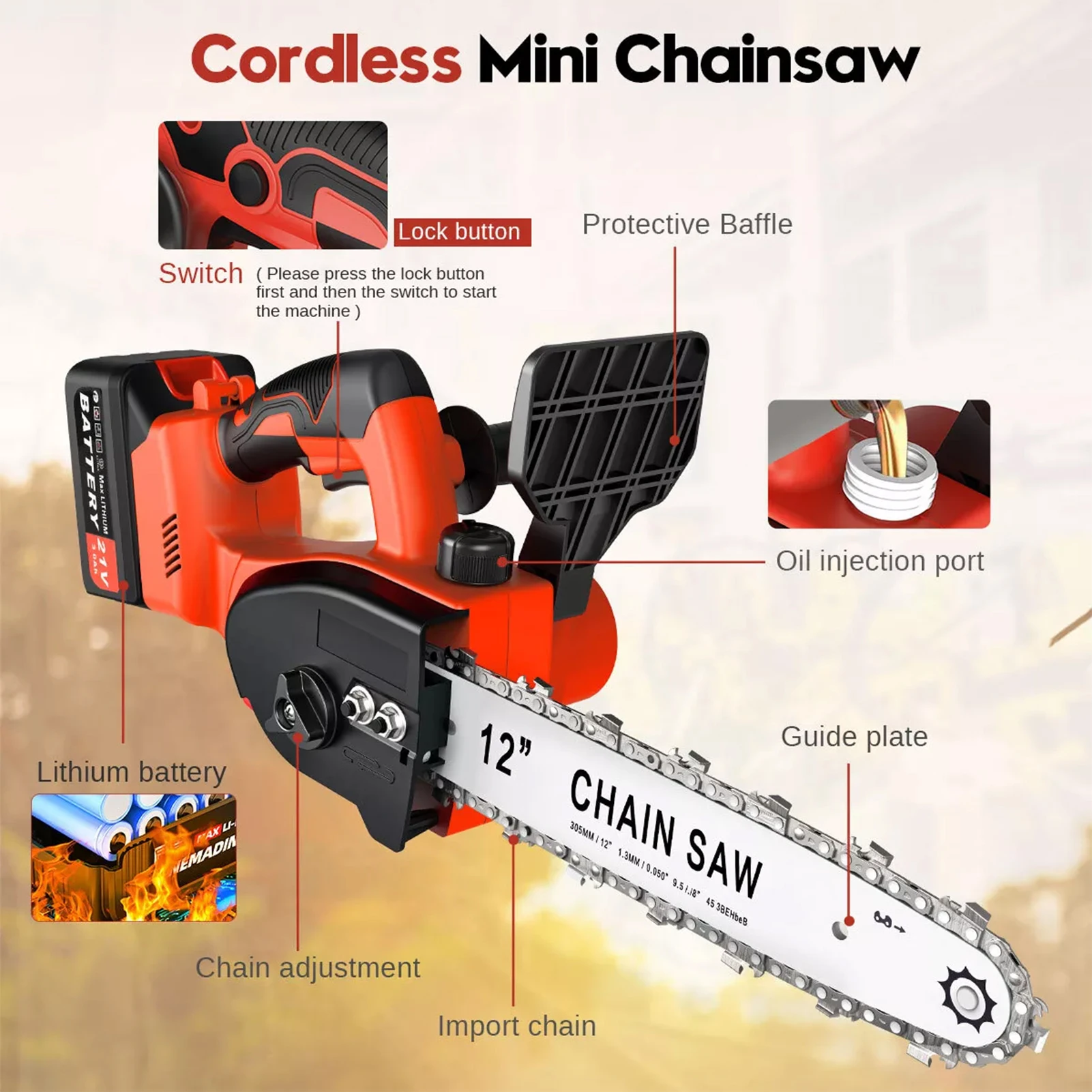 12in Electric Chainsaw Cordless Handheld Brushless Wood Cutter Chainsaw +Battery