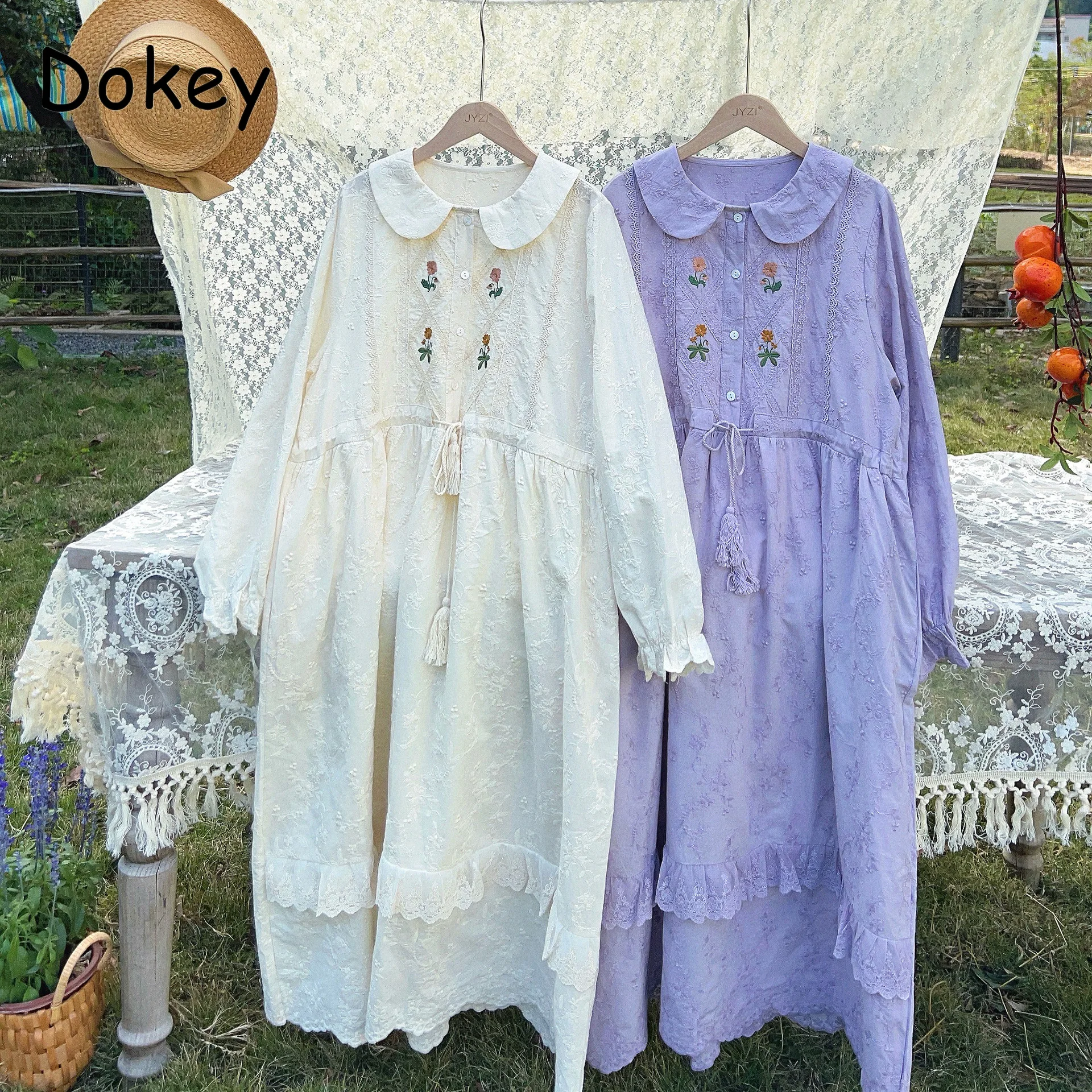 

Vintage Embroidery Kawaii Lolita Dress Women Mori Girl Peter Pan Collar Lace Ruffles Midi Dresses Retro Evening Party Vestidos