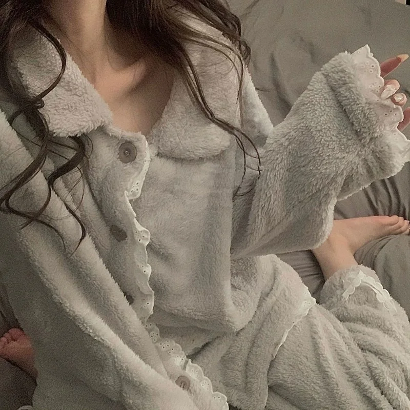 

Women's Pajamas Sets Casual Autumn Winter Sleepwear Velvet Pyjama Ladies Cardigan Simple Bedroom Soft Warm Home Clothes