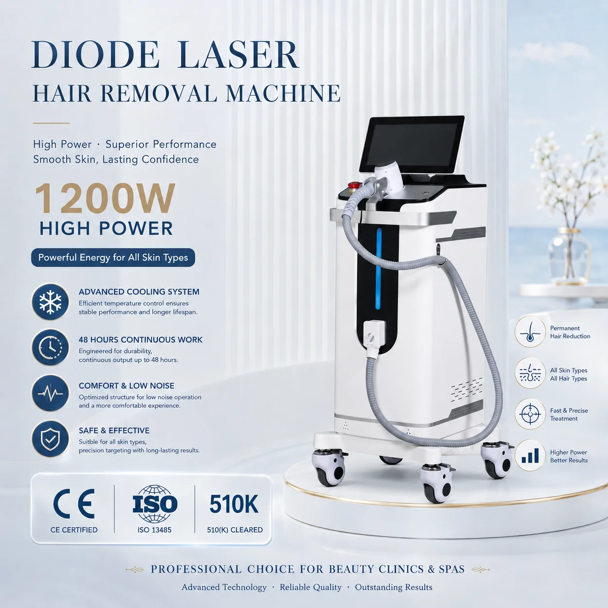 510K Keylaser 808nm Hair Removal 4 Waves 755 1064nm 808nm 940nm Diode Laser Depilation Device Android 15.6 Inch Screen