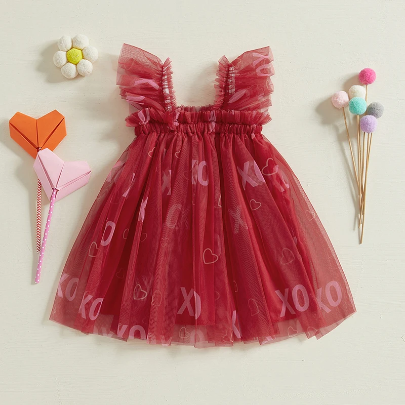 Summer Toddler Kids Girls Valentines Day Dress Casual Heart/Letter/Bow Print Mesh Tulle Dress for Princess Party Cute Clothes