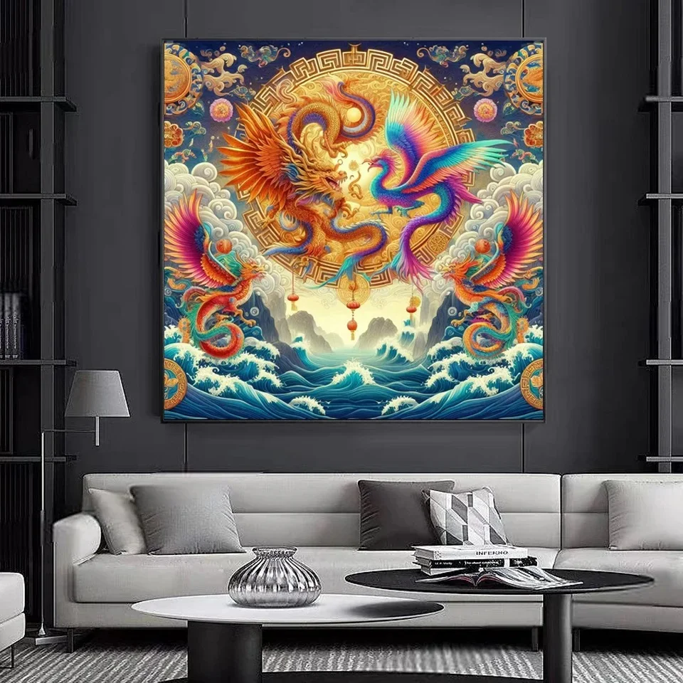 Diamond Art Painting New Arrival Chinese Gold Dragon Phoenix Diy 5D Full Mosaic Diamond Embroidery Cross Stitch Kits A968