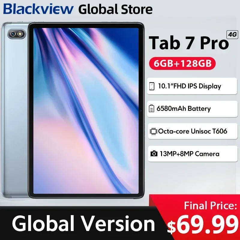 

Планшет Blackview Tab 7 pro, 10,1-дюймовый FHD-дисплей, восьмиядерный процессор, 4G, 6 ГБ, 128 ГБ, 6580 мАч, GPS, Android 12, планшет, 13-мегапиксельная камера, ПК