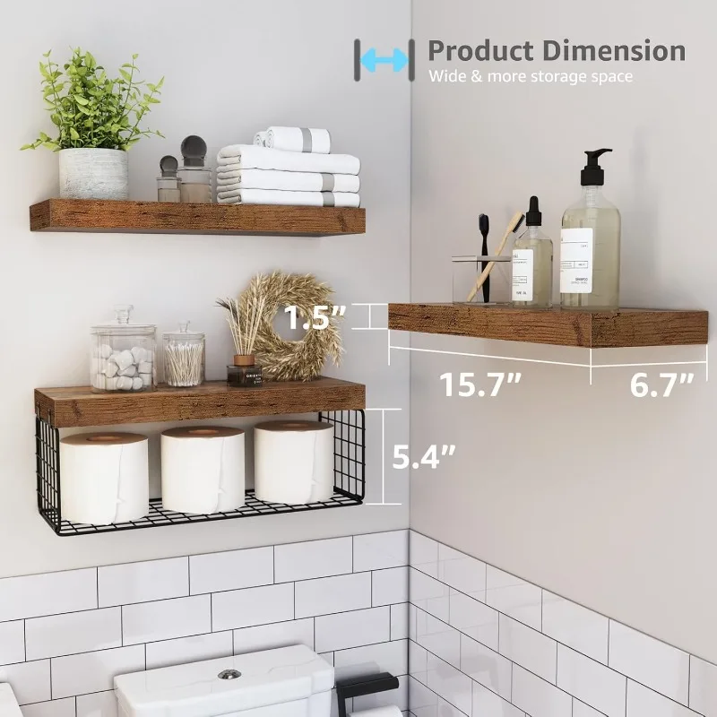

Bathroom Shelves Over Toilet - Wall Mounted Floating Shelves Toilet Paper Storage Small Farmhouse Decor Shelf 16 inch Set of 3