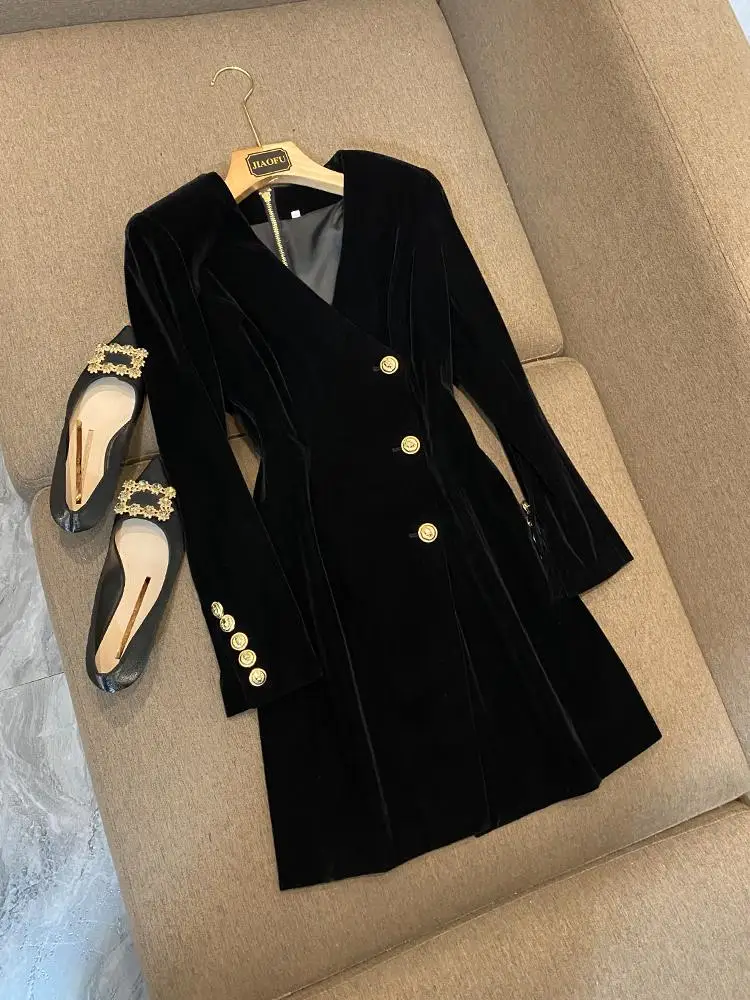 Faionable velours Long Sve Dr manteau v-ne coupe ajustée t-shirt bouton couleur Pure printemps automne hiver femmes Ci trajet