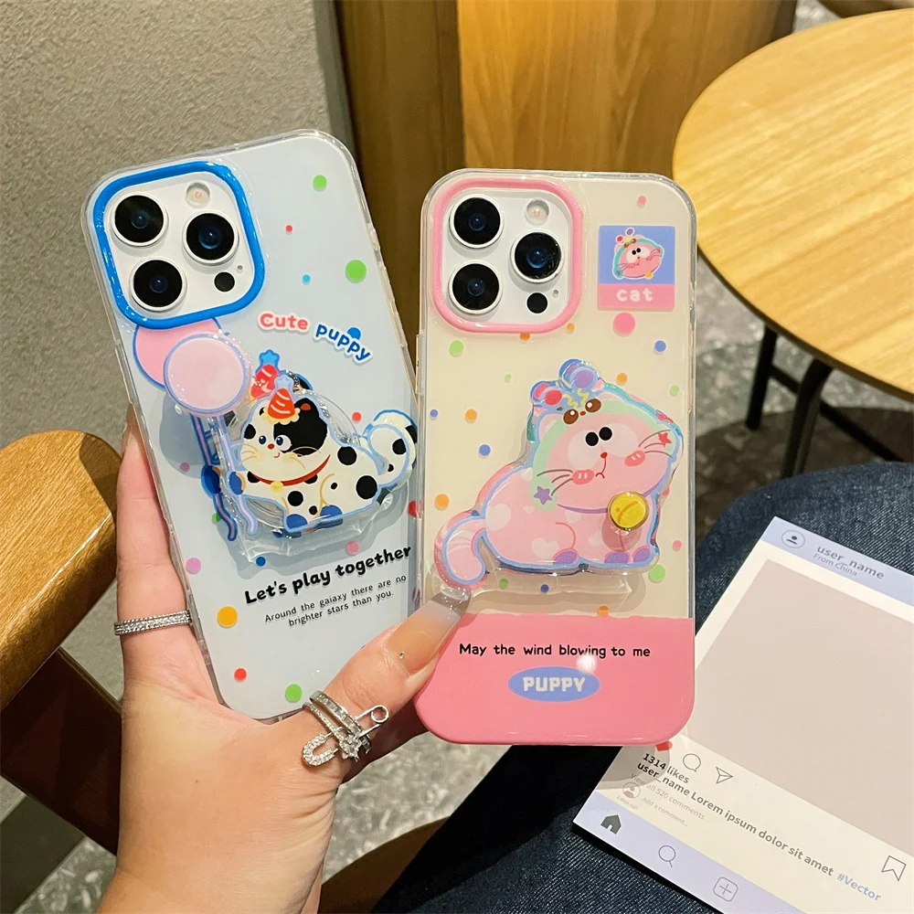 

Interesting Cute Cat with Bracket Suitable for iPhone 16 Promax Phone Case Color Wave Point Anti Drop 13 Female 15 Pro/14 All In