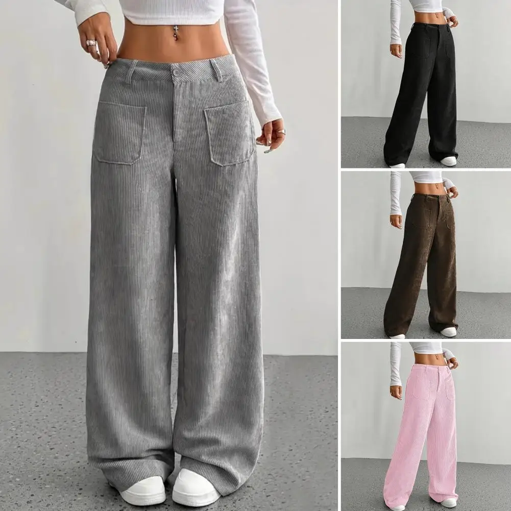 Pantalon Long élégant pour femmes, taille basse, jambes larges, avec bouton zippé, poches volantes, couleur unie, côtelé, pour les loisirs