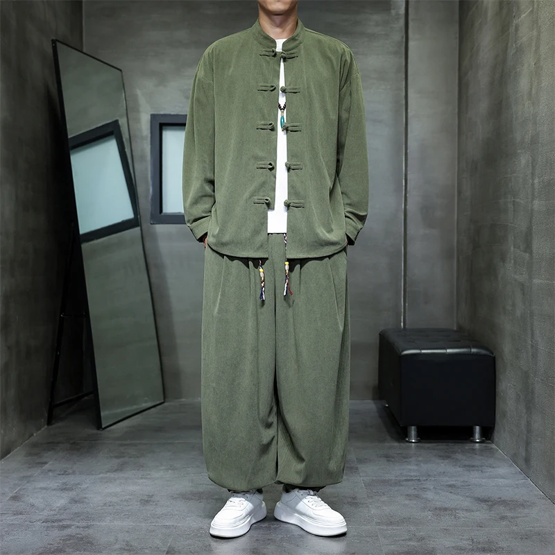 （Coats +Pants）Corduroy Two piece set Mens Chinese Style New Tang Suit Men Jacket Comfortable Casual Loose Retro Tai Chi Trousers