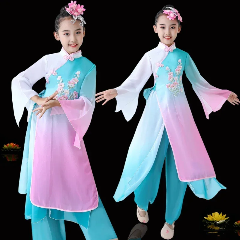 Chiffon Chinese Traditional Yangko Dance Costumes Girls Kids Hanfu Classical Dancewear Blue Fan Umbrella Costume Hmong Clothes