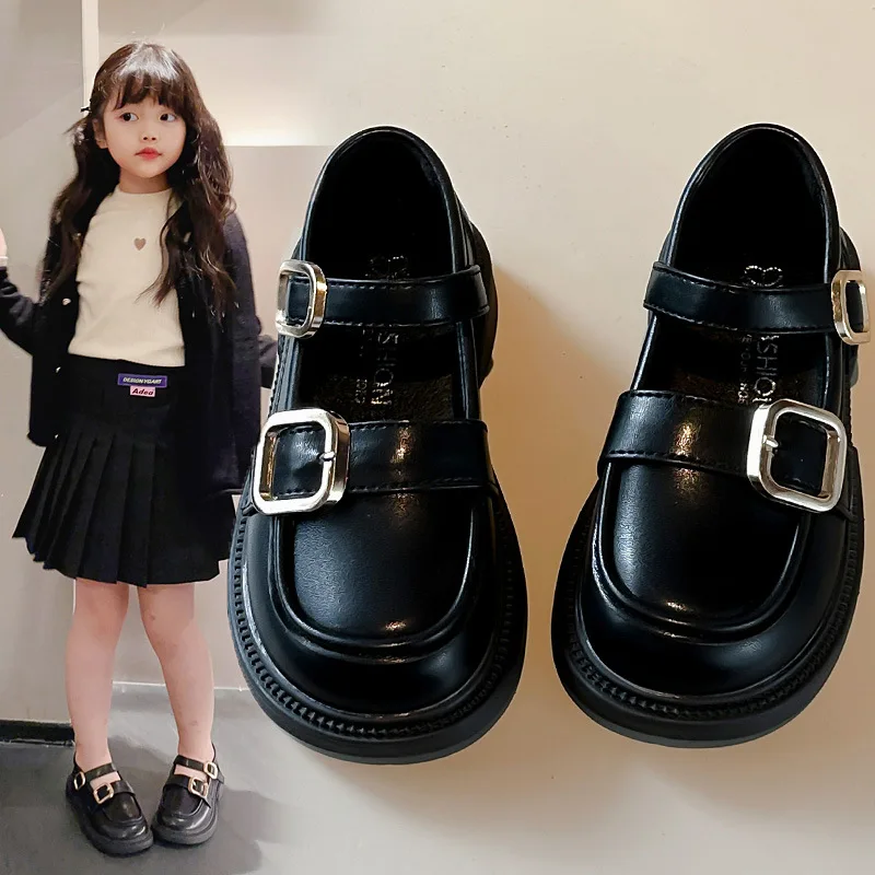 Spring Autumn Girls Solid Color Soft Sole Loafers Student Non-slip PU Leather Shoes Children Thick-soled Mary Jane Shoes Kids