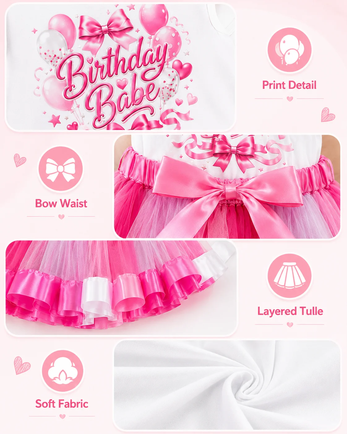 Kinder Mädchen Geburtstags-Tutu-Kleid Rosa & Weiß Ombré Tüllrock mit Schleife, Kurzarm Bedrucktes Oberteil Geburtstagsparty-Outfit für – Detail 3