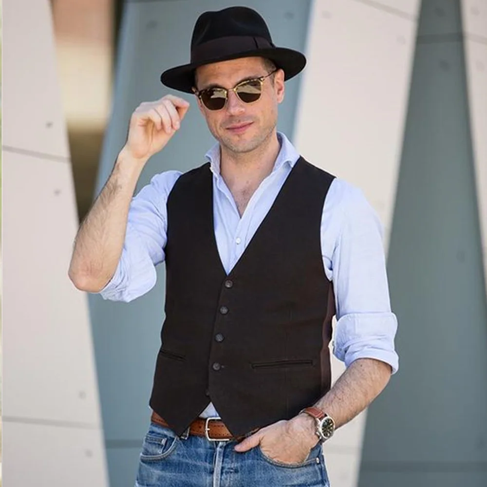 

Men Suit Vest Solid Button V-Neck Sleeveless Simple Casual Slim Fit Gilet Groomsman For Wedding Vest Gilet Homme