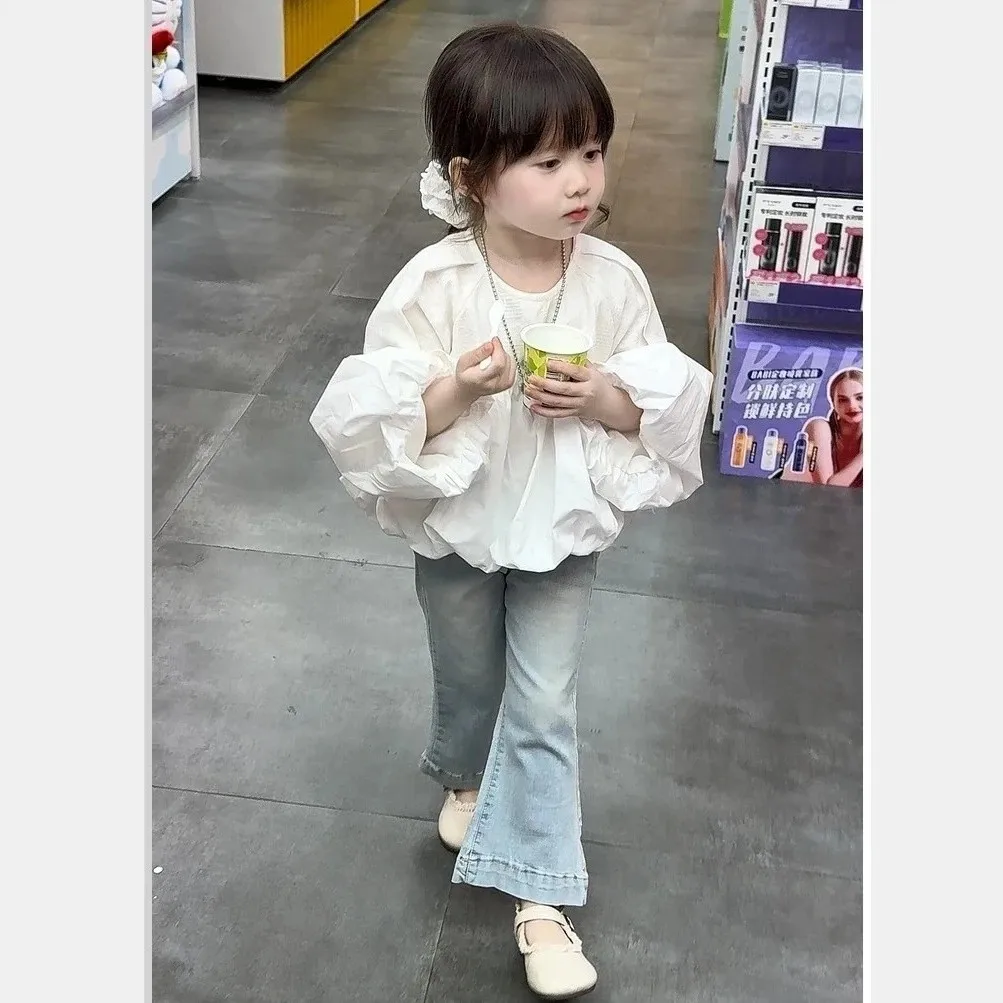 

2 4 6 7Y Baby Girls Autumn Set New Children's Bubble Sleeve Shirt Loose Edition+Jeans Two Piece Set