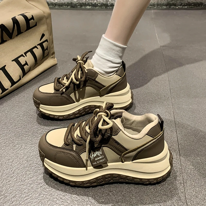 Women's Single Shoes Autumn New Round Head Collocation Color Double Belt Sports Shoes Casual Fashion Increase Wear Daddy Shoes