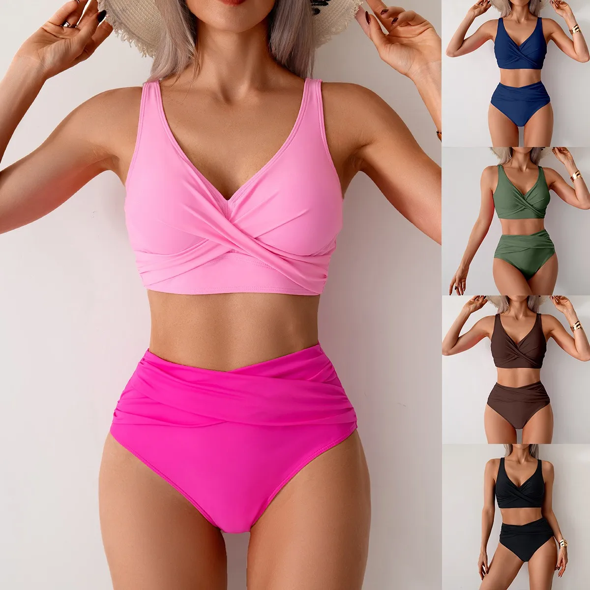 

Swimwear Woman 2026 High Waist Cross Front Top Bikinis V Neck Solid Color Swimsuit Sleeveless Cropped Two Piece Sets For Woman