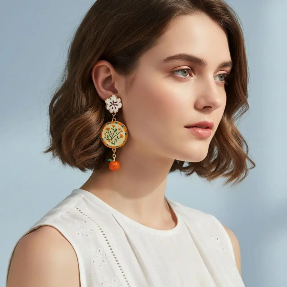 Creative Enamel Flower Dangle Earrings Painting Orange Metal Geometric Stud Earrings Alloy Retro Bohemian Dangle Earring Beach
