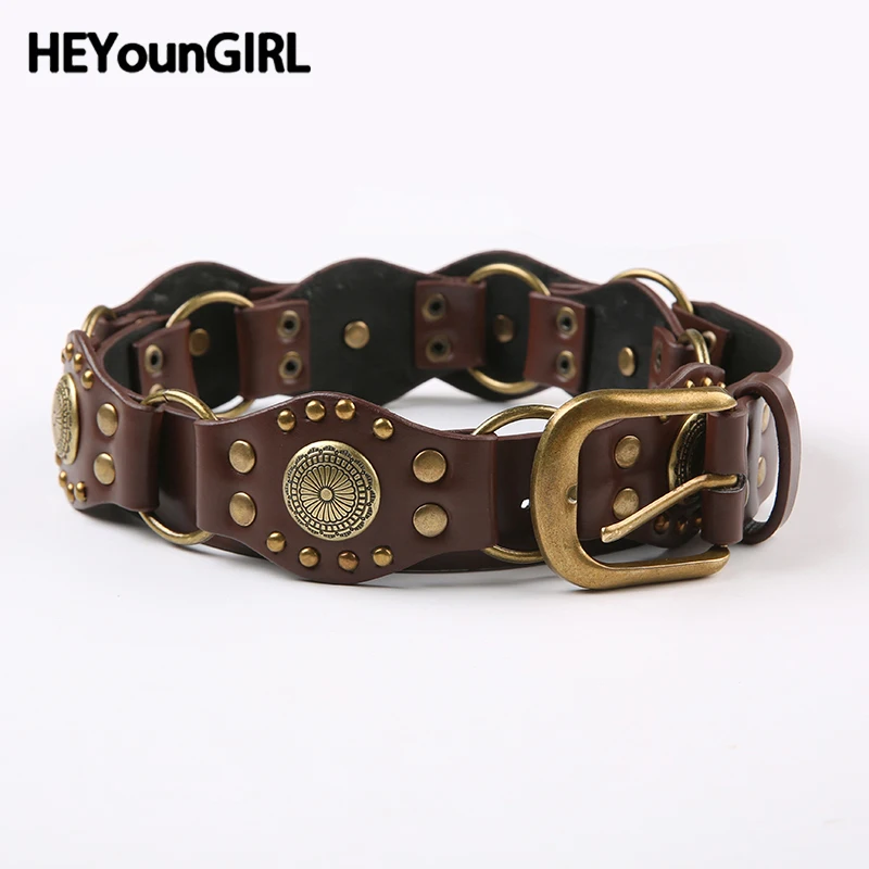 HEYounGIRL Leather Women Belts For Dresses Vintage Brown PU Waist Belt Bohemian Style Metal Buckle Waistband Fashion Accessories