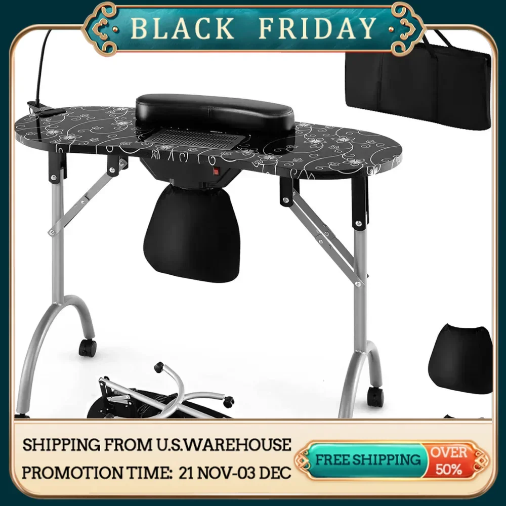 Portable nail table with electric dust collector, USB plug LED light, wrist rest, 4 lockable wheels, foldable nail table