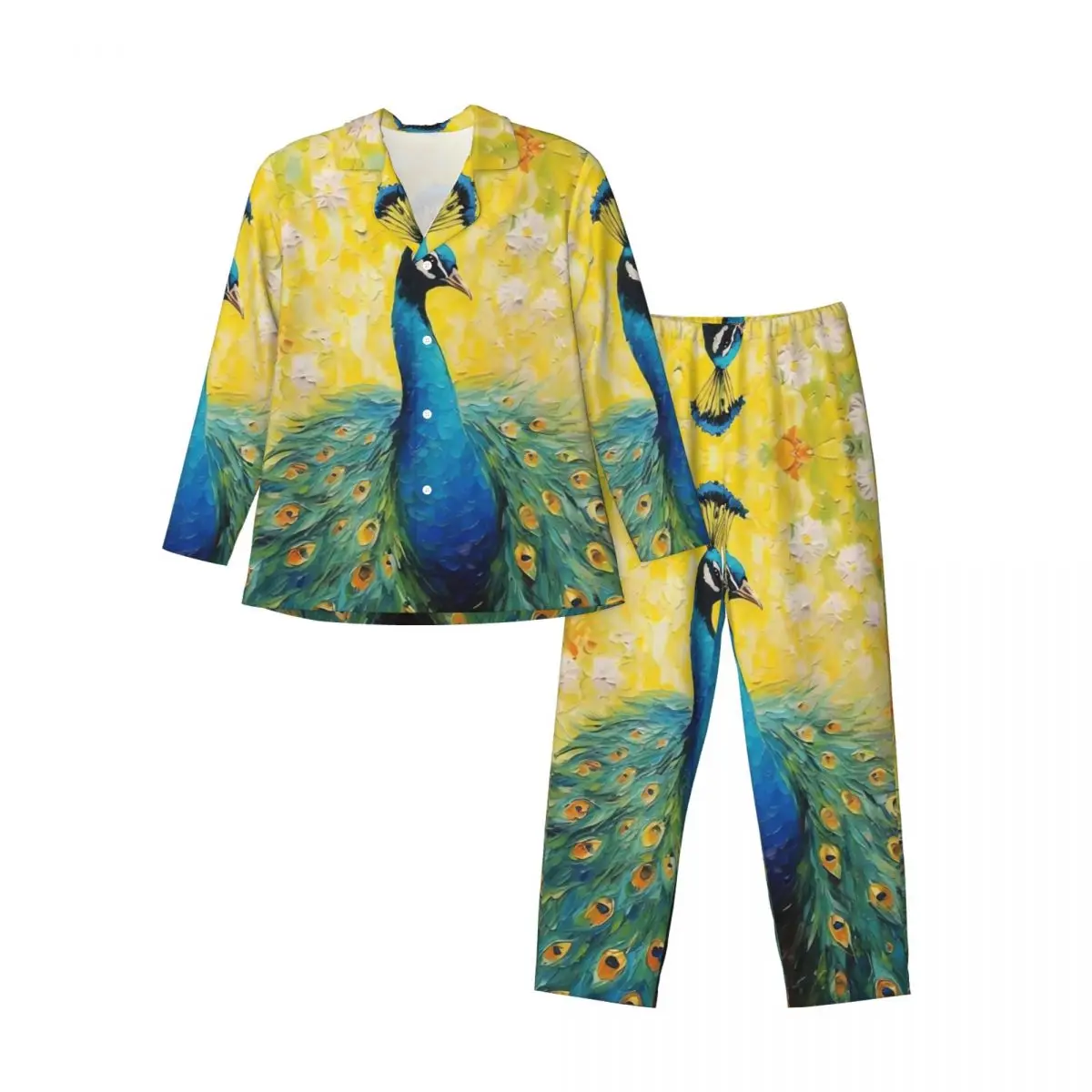 Pintura pavão com cauda azul conjunto de pijama outono confortável lazer pijamas masculino duas peças vintage oversized personalizado pijamas