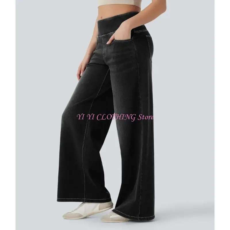 N5KF Women Pull On Straight Leg Denims Pants Elastic High Waist Wide Leg Jeans with Pockets for Daily Styling, Work Travel, and