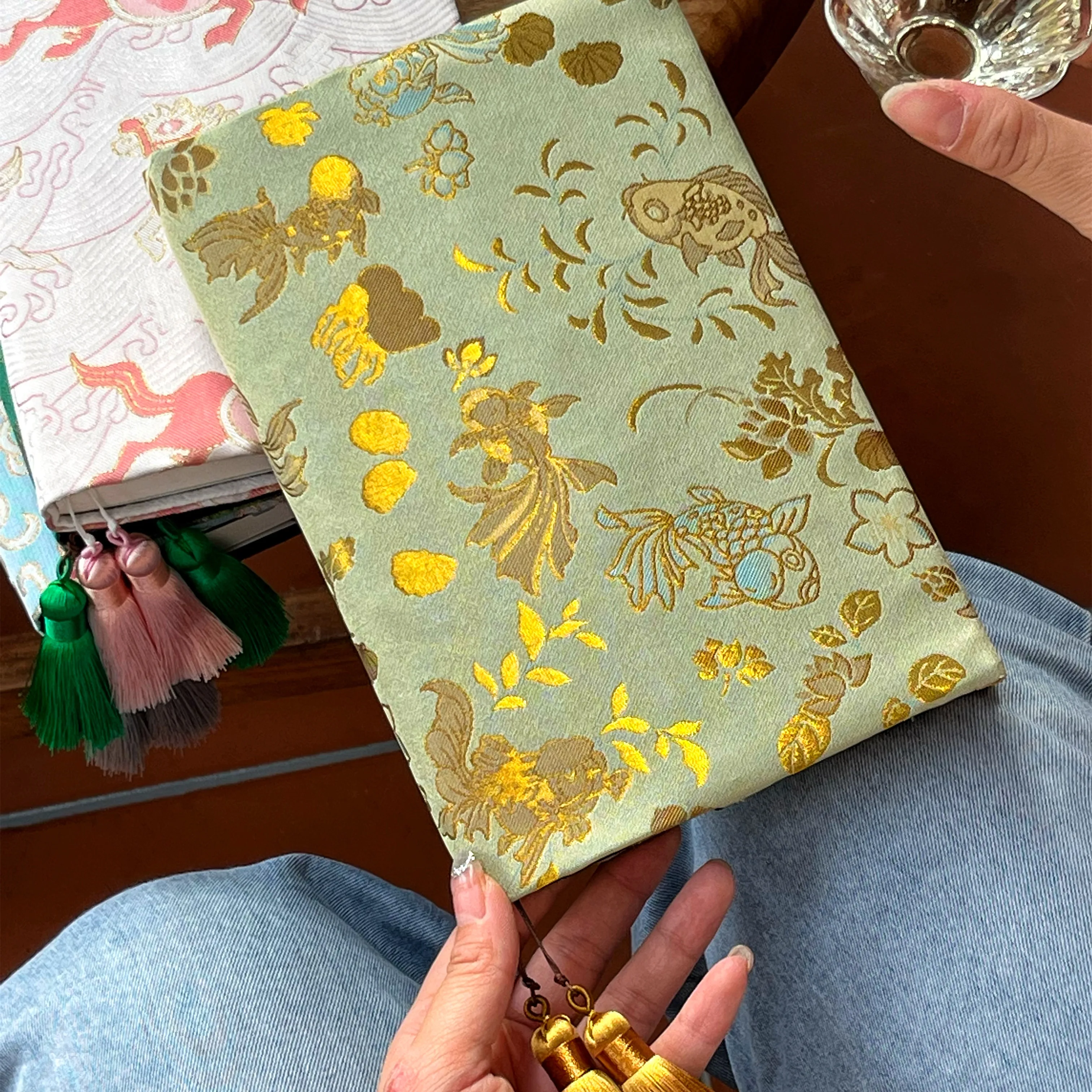 New Style Song Brocade Decorative Fabric Sleeve, Auspicious Golden Fish Pattern, Handwoven Pure Mulberry Silk Desktop Ornament