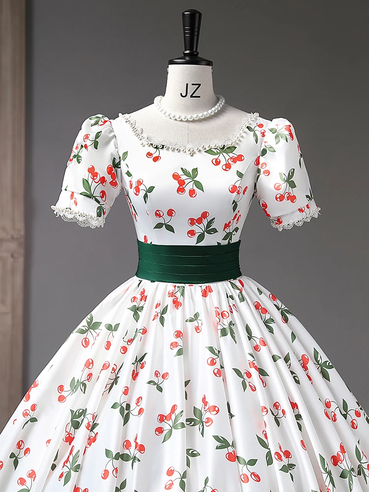 cherry printing berry bowknot back short sleeve cosplay medieval dress Renaissance gown queen Victoria Belle Ball