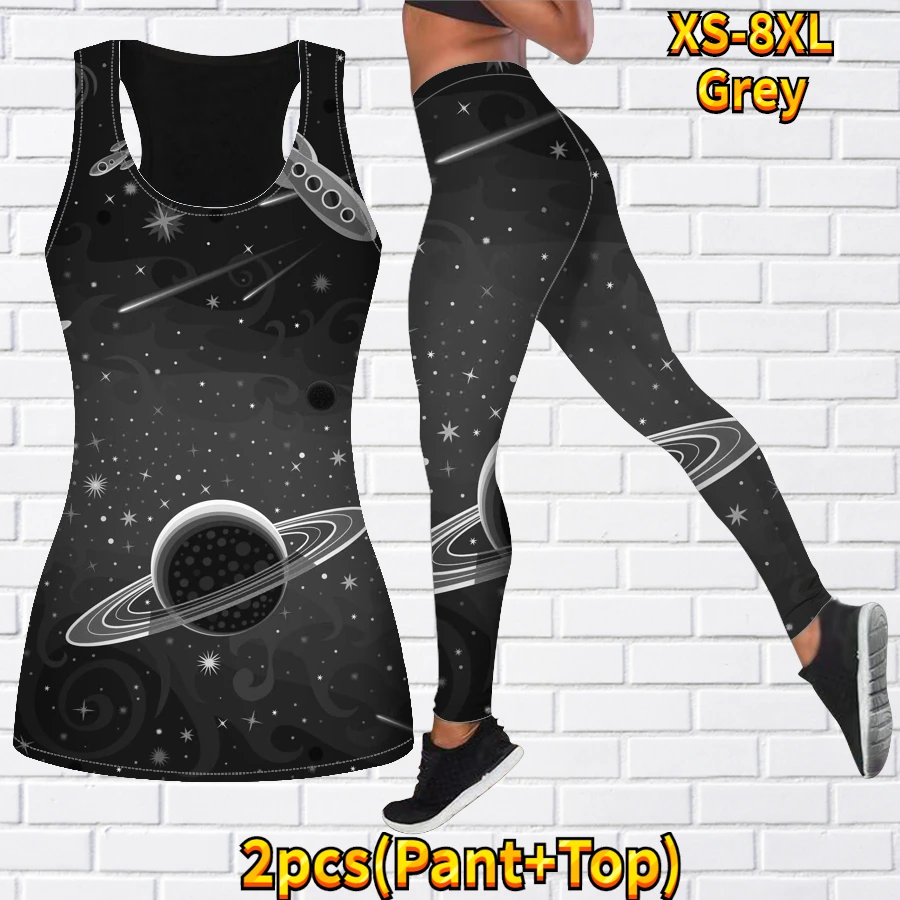 Women\'s Yoga Pants Set Cosmic Printed Sweatpants Yoga Two Piece Casual Sports Tank Top Leggings XS-8XL