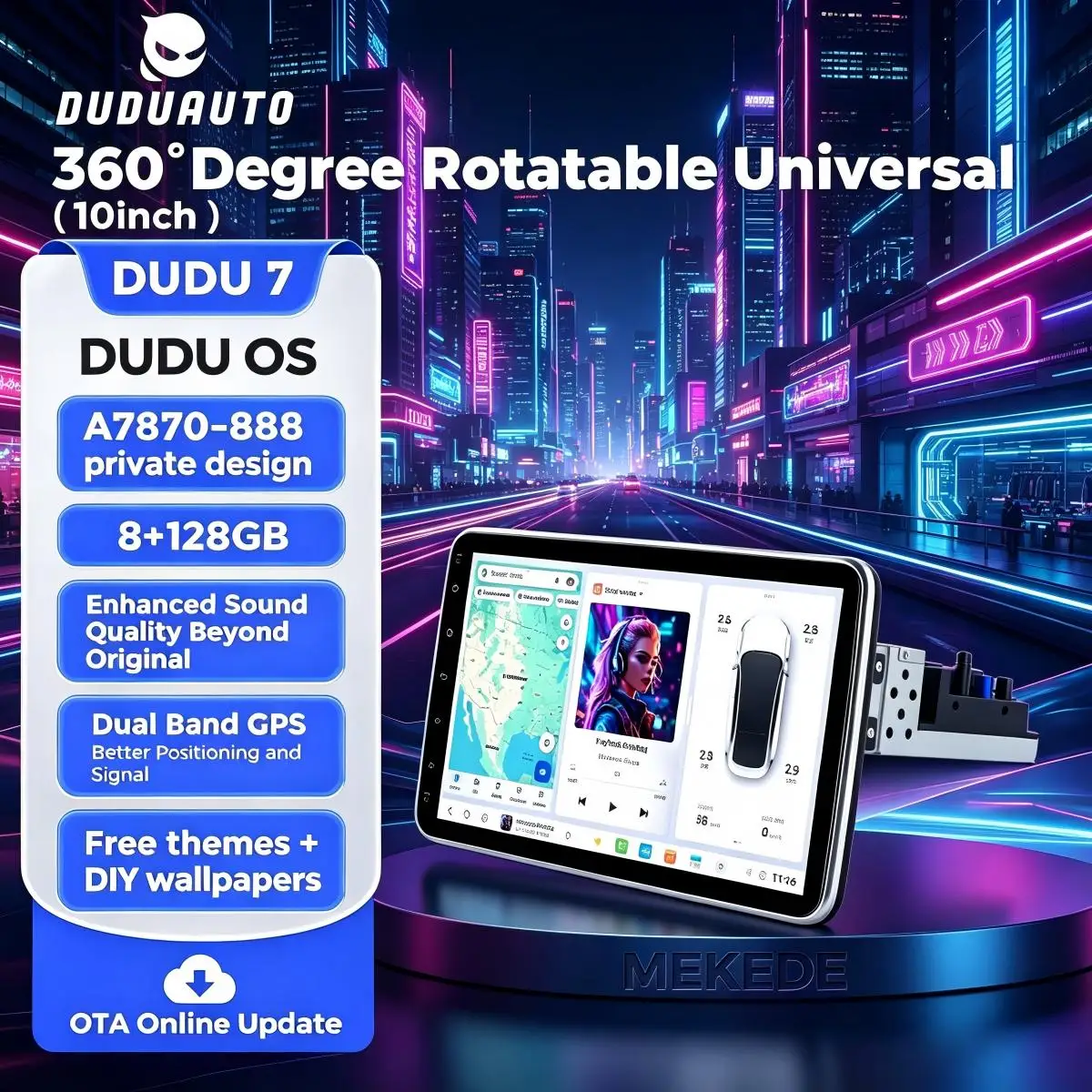 DUDUAUTO 1 Din Autoradio universel 10 pouces 360 ° Écran rotatif stéréo pour Toyota Volkswagen Hyundai Kia Honda Benz BMW, lecteur multimédia vidéo Carplay Android Auto, réseau Wifi 4G, récepteur BT FM, DUDU7 UIS7870 DSP, autoradio GPS intelligent