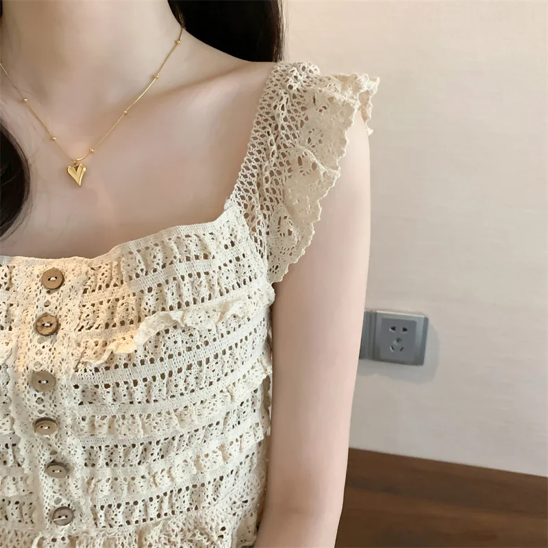 Smocked Ruffled Tank Top with Lace Trim Crochet Top Women's Button-up Pointelle Crop Cami Vest Spring Summer 2026 Y2K 90s