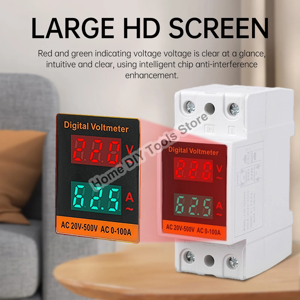 LCD Dual Digital Din Rail AC Voltmeter Ammeter AC 50-500V 100A Over Voltage And Under Voltage Protective Volt Amp Monitor Meter