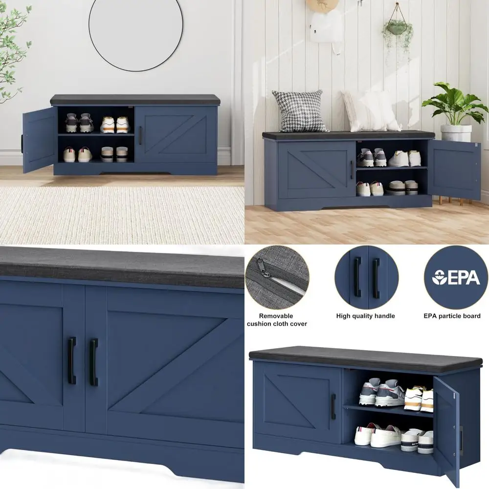 Banco ancho para zapatos con asiento acolchado, almacenamiento de 2 niveles, entrada con puerta de granero, azul