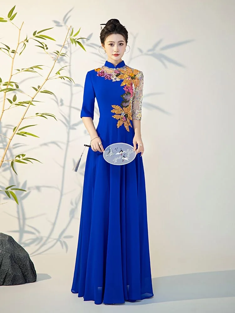 Performance costume long Chinese style host evening dress