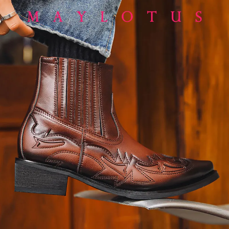 

Размер 35–48, ковбойские сапоги в стиле вестерн для мужчин и женщин, туфли с острым носком и вышивкой, мужские ботильоны, кожаные ботинки унисекс