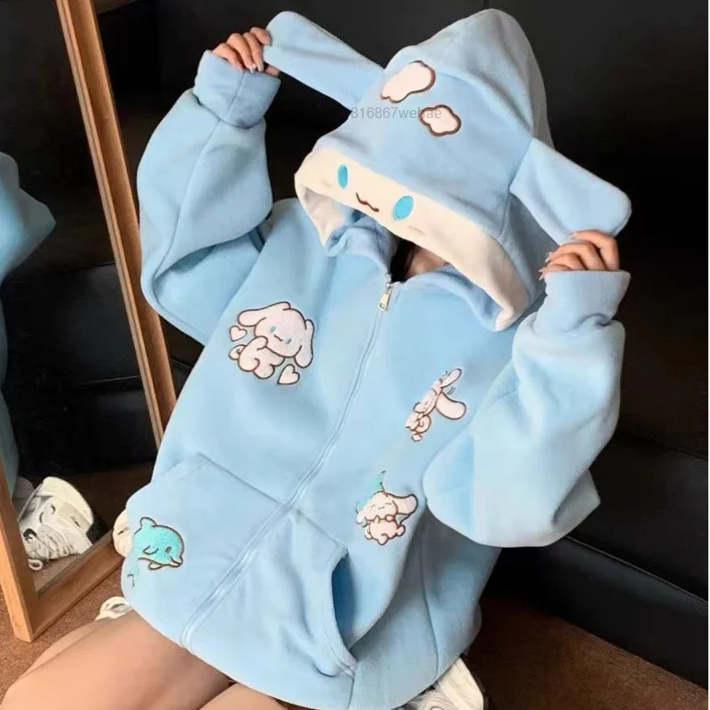 Sanrio Cinnamoroll Printed Hooded Sweetheart Women\'s Cute Autumn and Winter New Loose Korean Coat Zipper Cute Cartoon Jackets