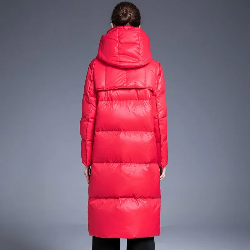 Trendige Hochwertige Unisex Lange Daunenjacke Überknie-Pufferjacke Damen Herren Verdickte Winter Lose Warme Weiße Entendaunen-Mantel