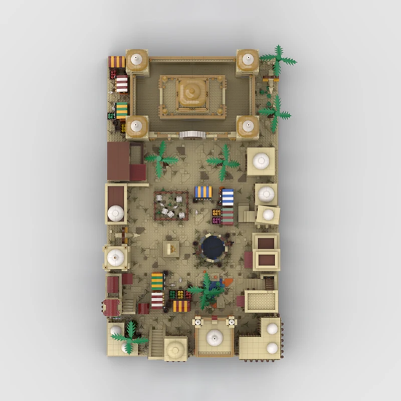 8863PCS Desert Village MOC DIY-modelbouwstenen – modulaire handelspaal met 20 structuur en kameelstal