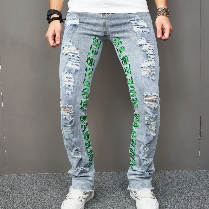 European and American Foreign Trade Jeans Men's Micro-pull Embroidery Fashion Pants Hair Foreign Trade