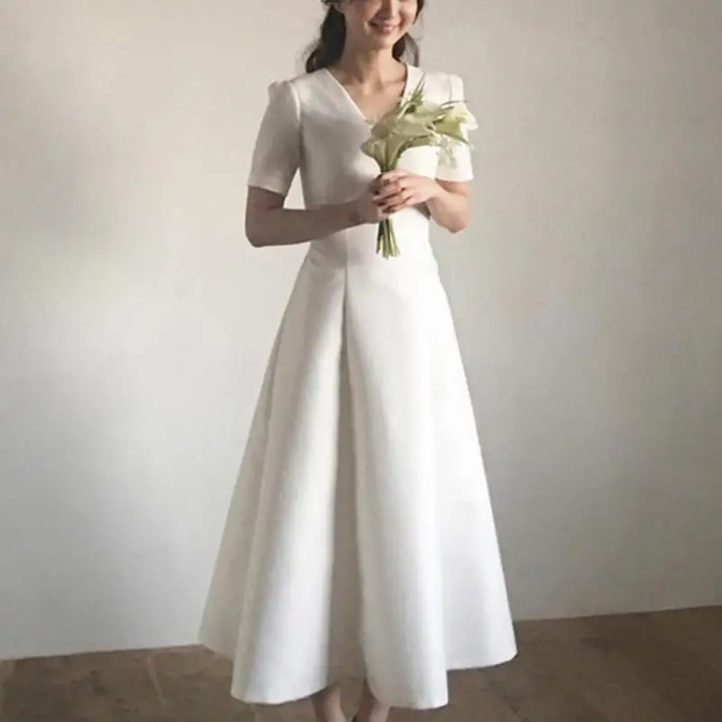 Satin Formal Evening Dresses Classic V-neck Bridal Dress With Sleeve Elegant A-line Simple Women's Wedding Dresses Customized