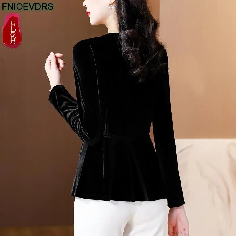 S-4XL Bling Black Tops Women Winter Basic Warm Wear New Design Retro Vintage French Design Peplum Shirts Velvet Tops Blouses