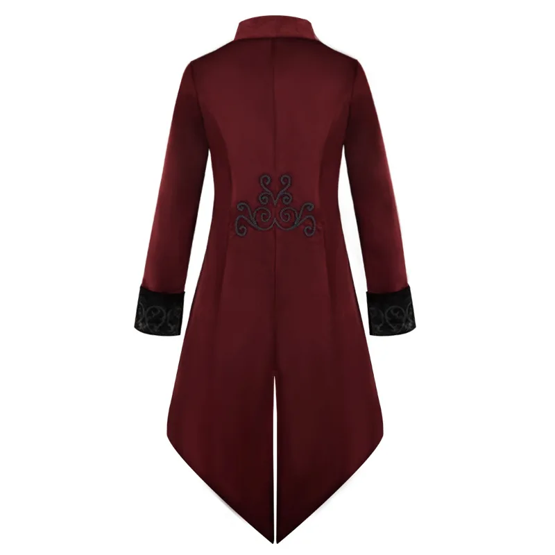 Men Steampunk Medieval Vintage Burgundy Red Tailcoat Jacket Renaissance Vampire Gothic Victorian Frock Coat Halloween Costume