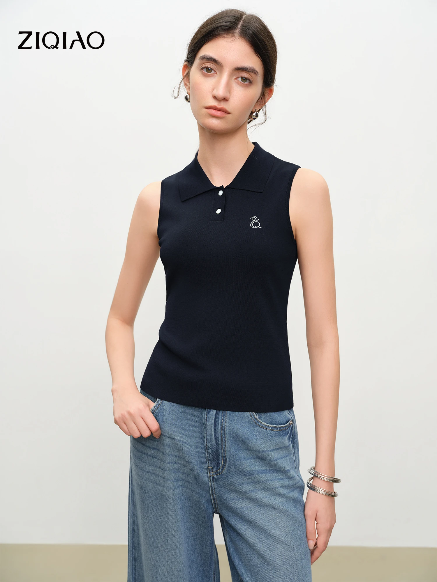 ZIQIAO Smart Commuter-Style Sleeveless Polo Knitwear Women 2026 Summer New Arrival Academic Knit Tank Commuter StyleTop T-Shirts