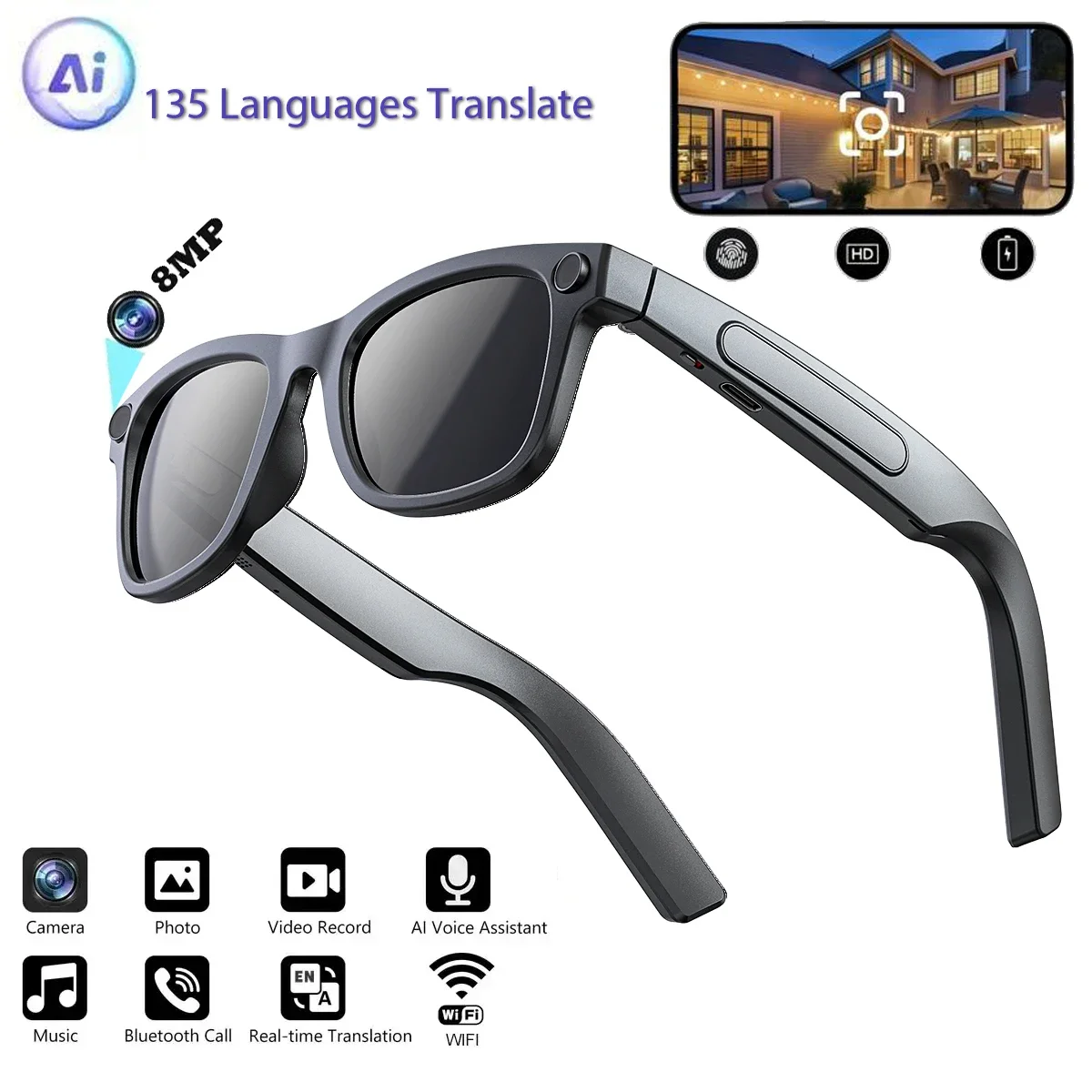 

2025 Al Smart Glasses, 160 languages translation, 2K recording, 2G8 HD Video Camera Hands-free calling WiFi Bluetooth Glasses
