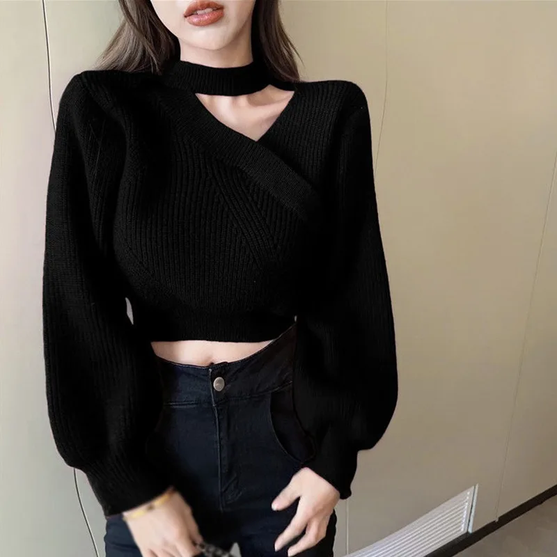 Autumn Women\'s Neck Hanging Solid Sweater Warm Pullover Sweater V-neck Cross Neck Off Shoulder Knitwear Tops