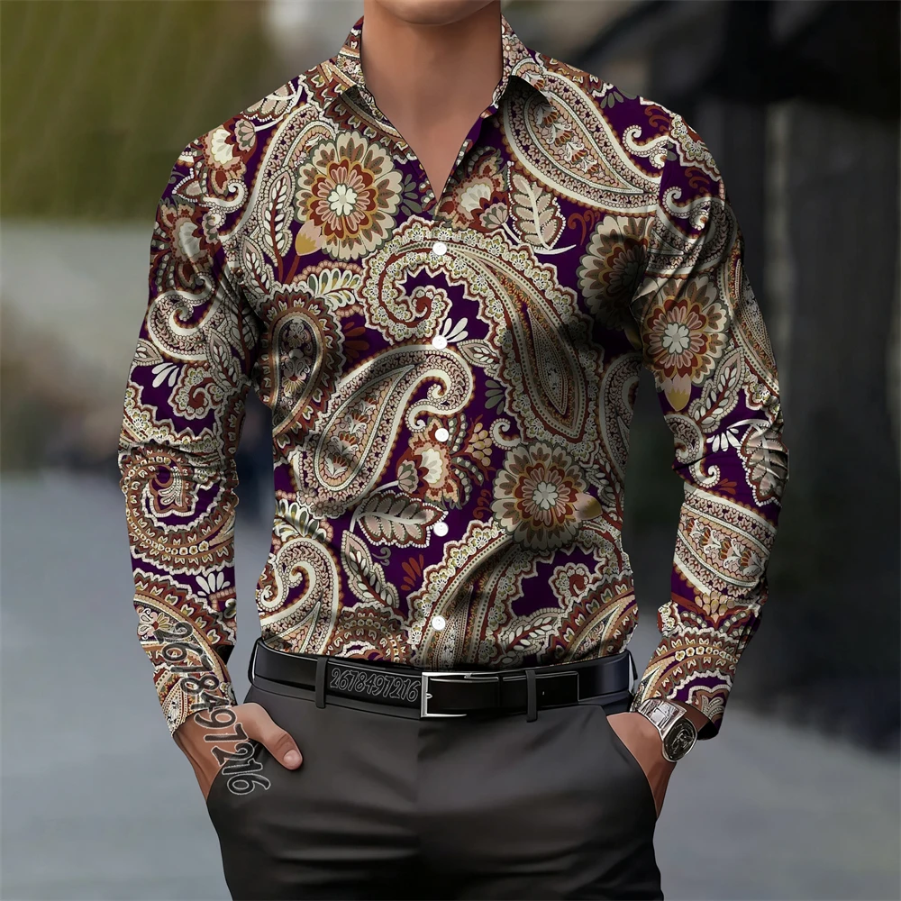 ヴィンテージメンズペイズリーカシミアフラワー長袖シャツプリントカジュアルエレガントファッション快適な高品質メンズラペルトップ